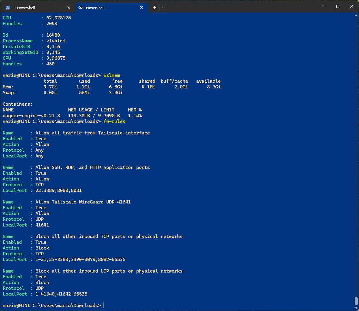PowerShell workstation showing memory and managed firewall commands