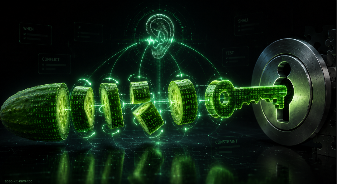 A cucumber sliced into segments rendered as streams of binary, the slices reassembling along a green wireframe into a key that enters a lock. Around them float labels reading WHEN, IF, SHALL, TEST, CONFLICT and CONSTRAINT, with a listening ear and a waveform above.