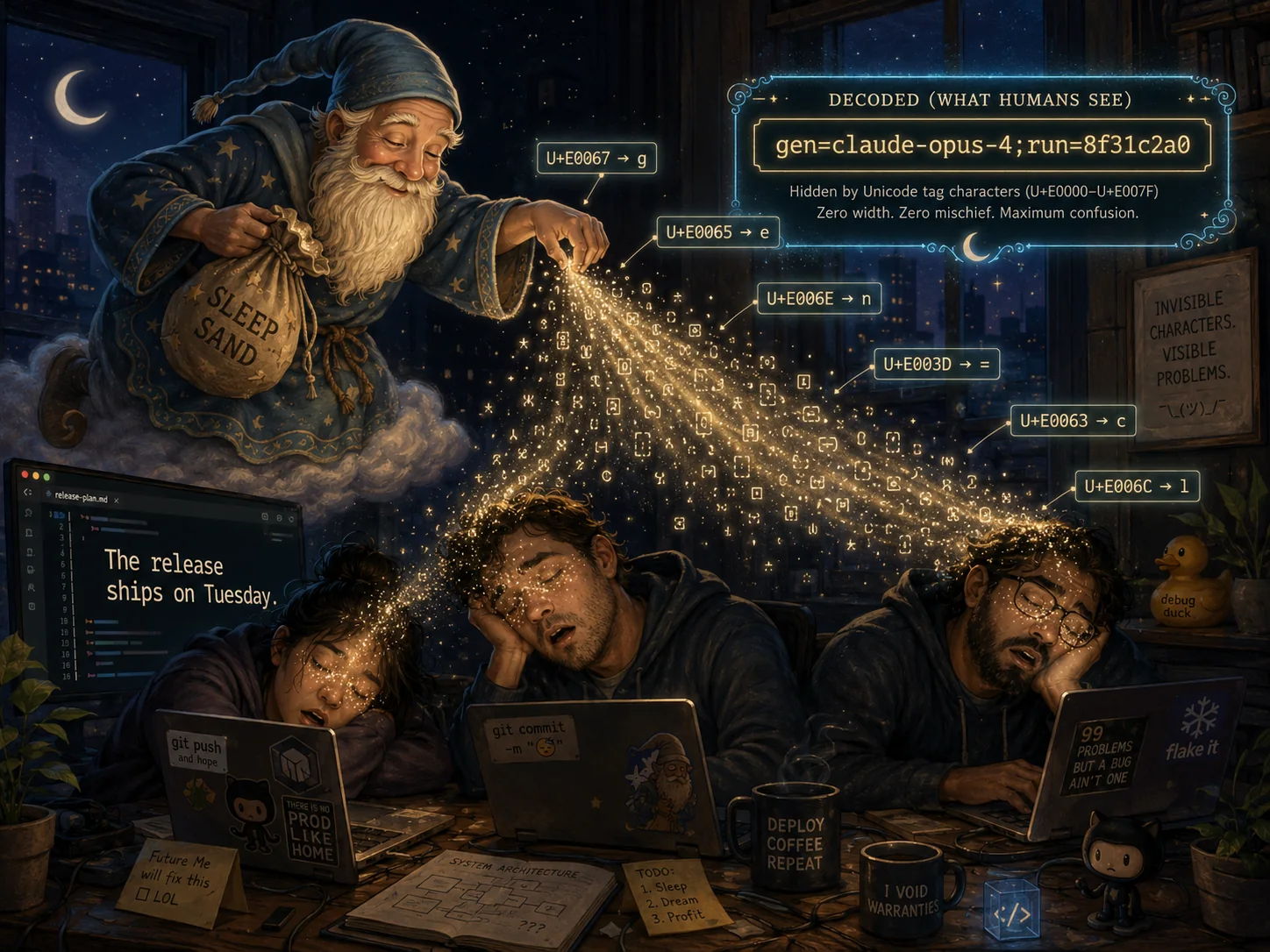 The Sandman scattering invisible Unicode tag characters over three sleeping
developers. Labels trace each speck to the ASCII it mirrors — U+E0067 to g,
U+E0065 to e, U+E006E to n, U+E003D to =, U+E0063 to c, U+E006C to l — and a
panel decodes the whole run as gen=claude-opus-4;run=8f31c2a0. On the monitor
behind them the file reads only "The release ships on Tuesday." A sign on the
wall says: invisible characters, visible problems.
